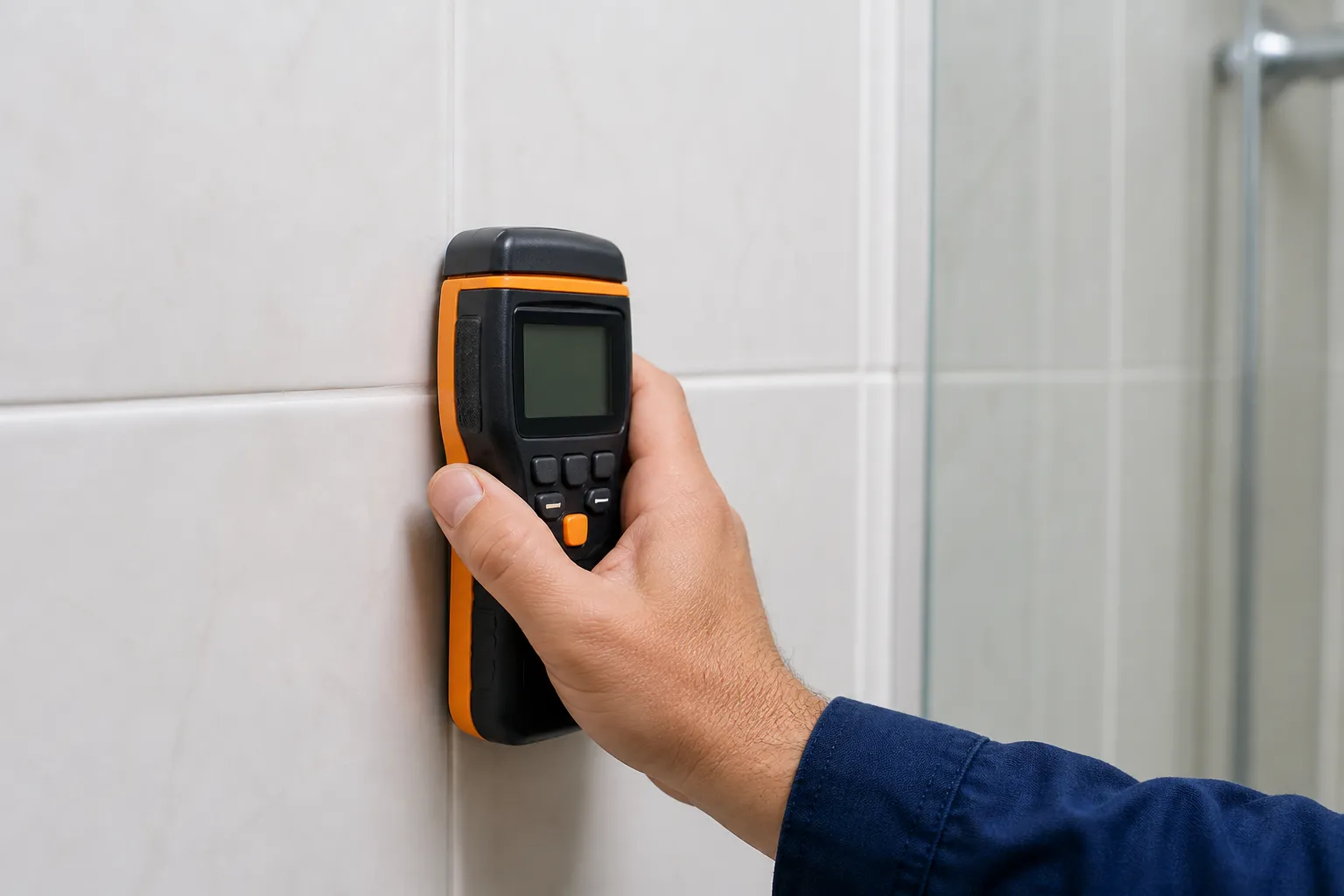 Medidor de umidade usado próximo a azulejos de banheiro.