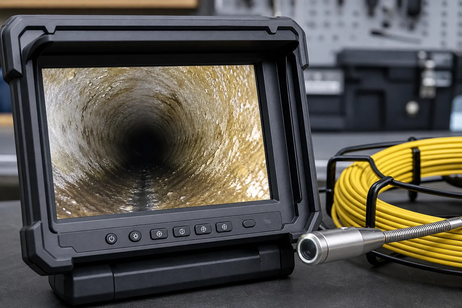 Monitor portátil exibe imagens internas durante vídeo inspeção de tubulação.
