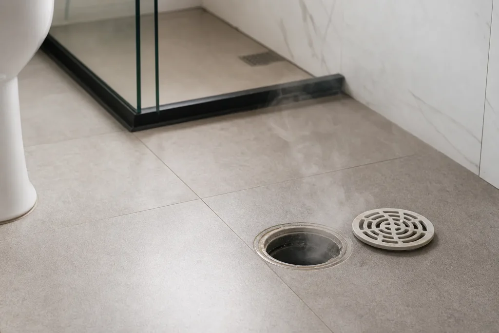 Ralo de banheiro em apartamento com sinal de mau cheiro recorrente.