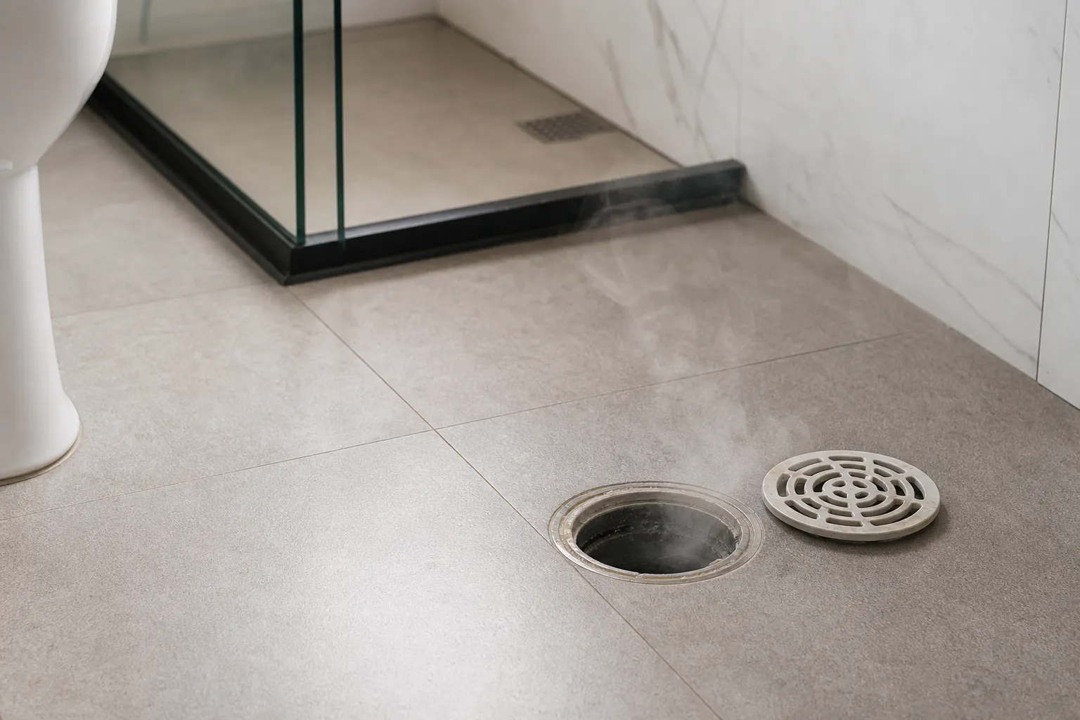 Ralo de banheiro em apartamento com sinal de mau cheiro recorrente.