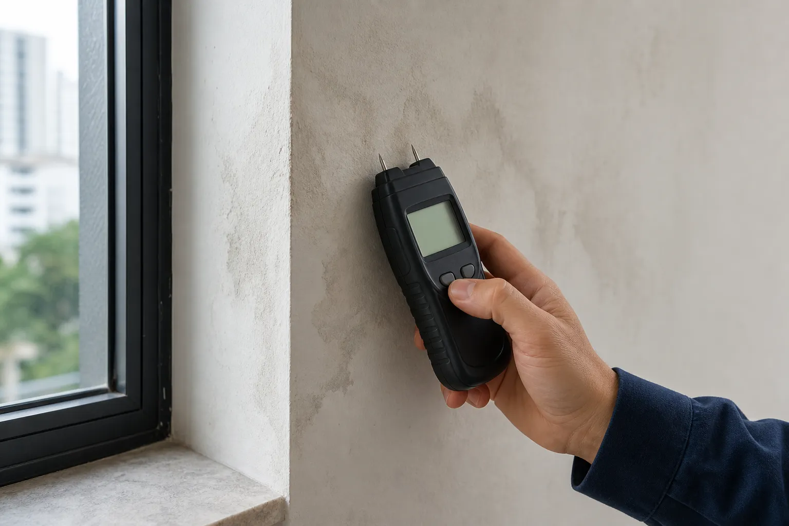 Técnico verifica parede com sinal de umidade em apartamento de Butantã.