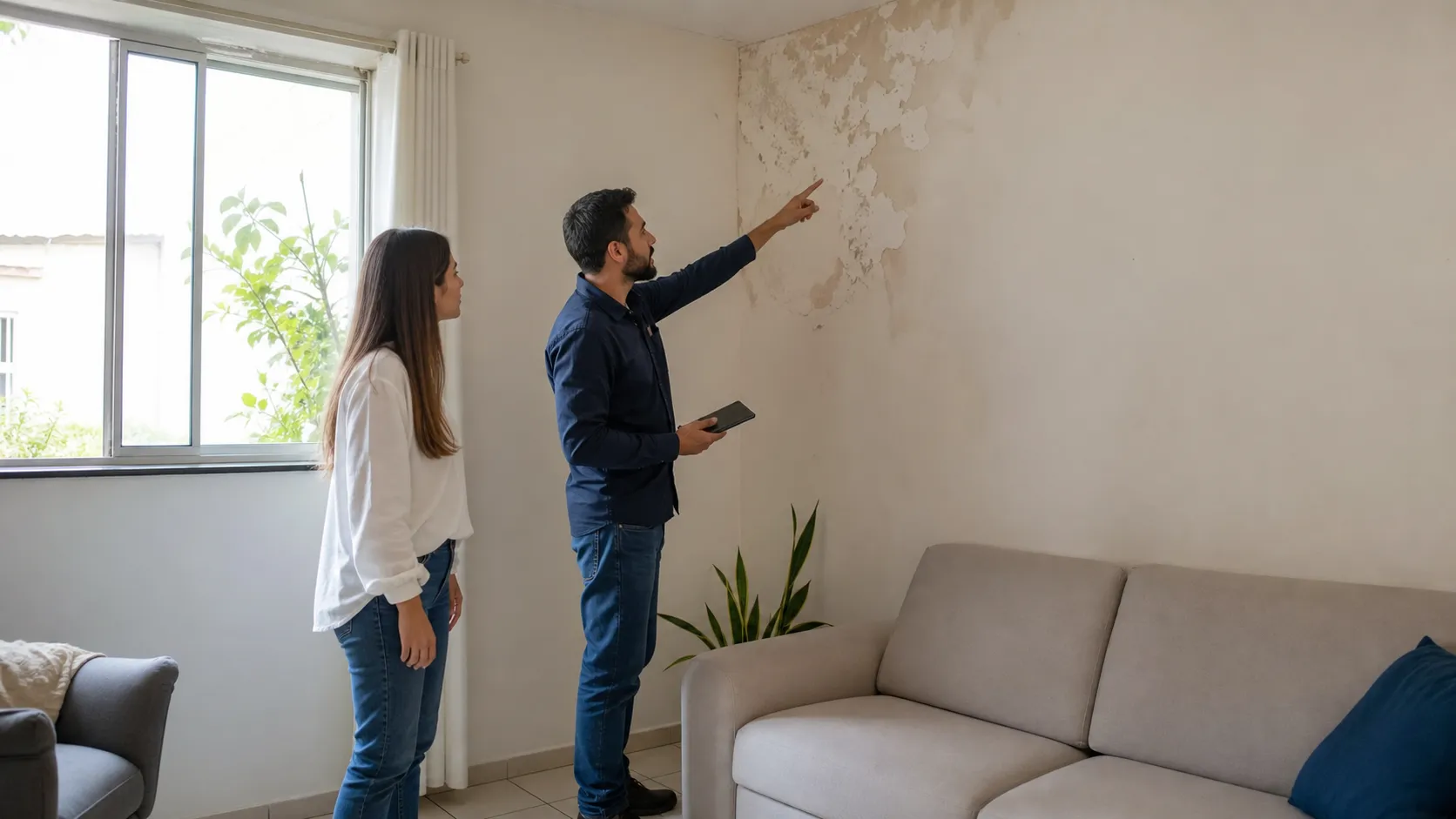 Técnico e morador revisam parede com pintura descascando para evitar recorrência.