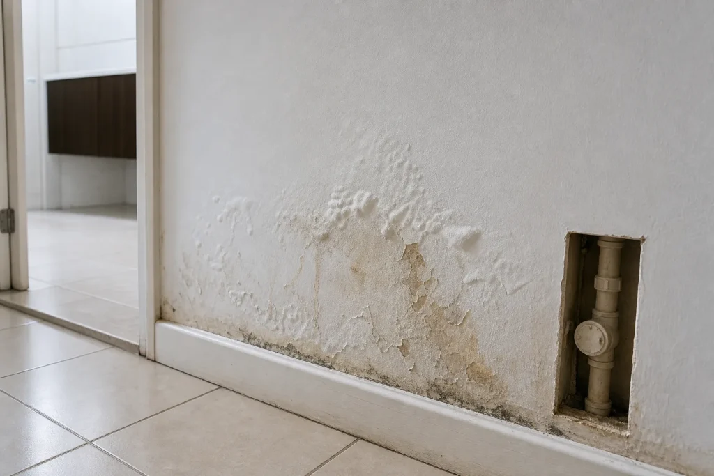 Parede com umidade e pintura estufada sugerindo vazamento em cano embutido.