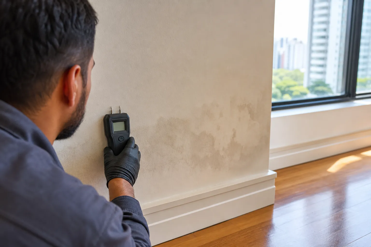 Parede com mancha discreta de umidade em apartamento, sinal de vazamento oculto em Moema.