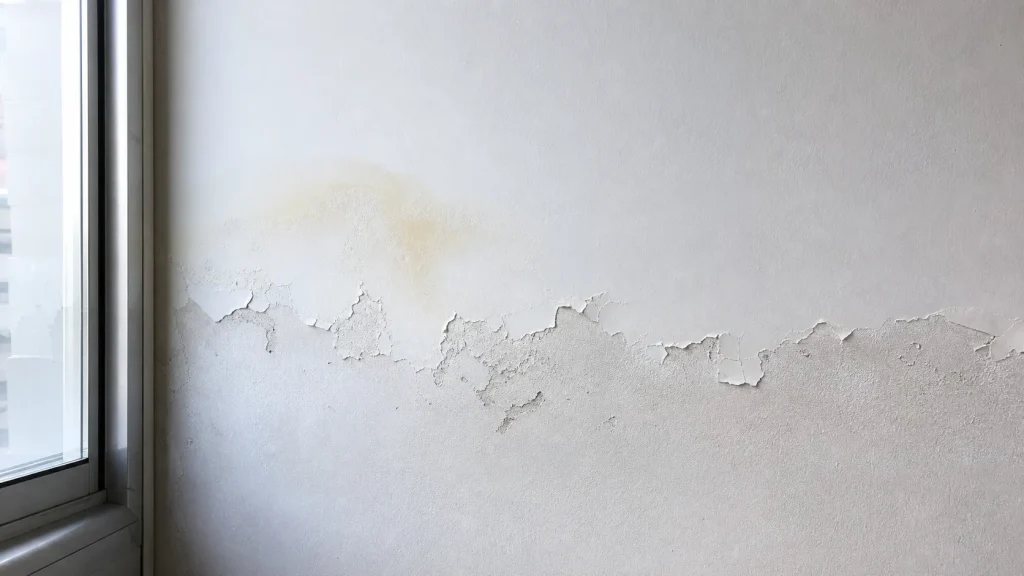 Parede com bolha na pintura e sinal discreto de umidade.