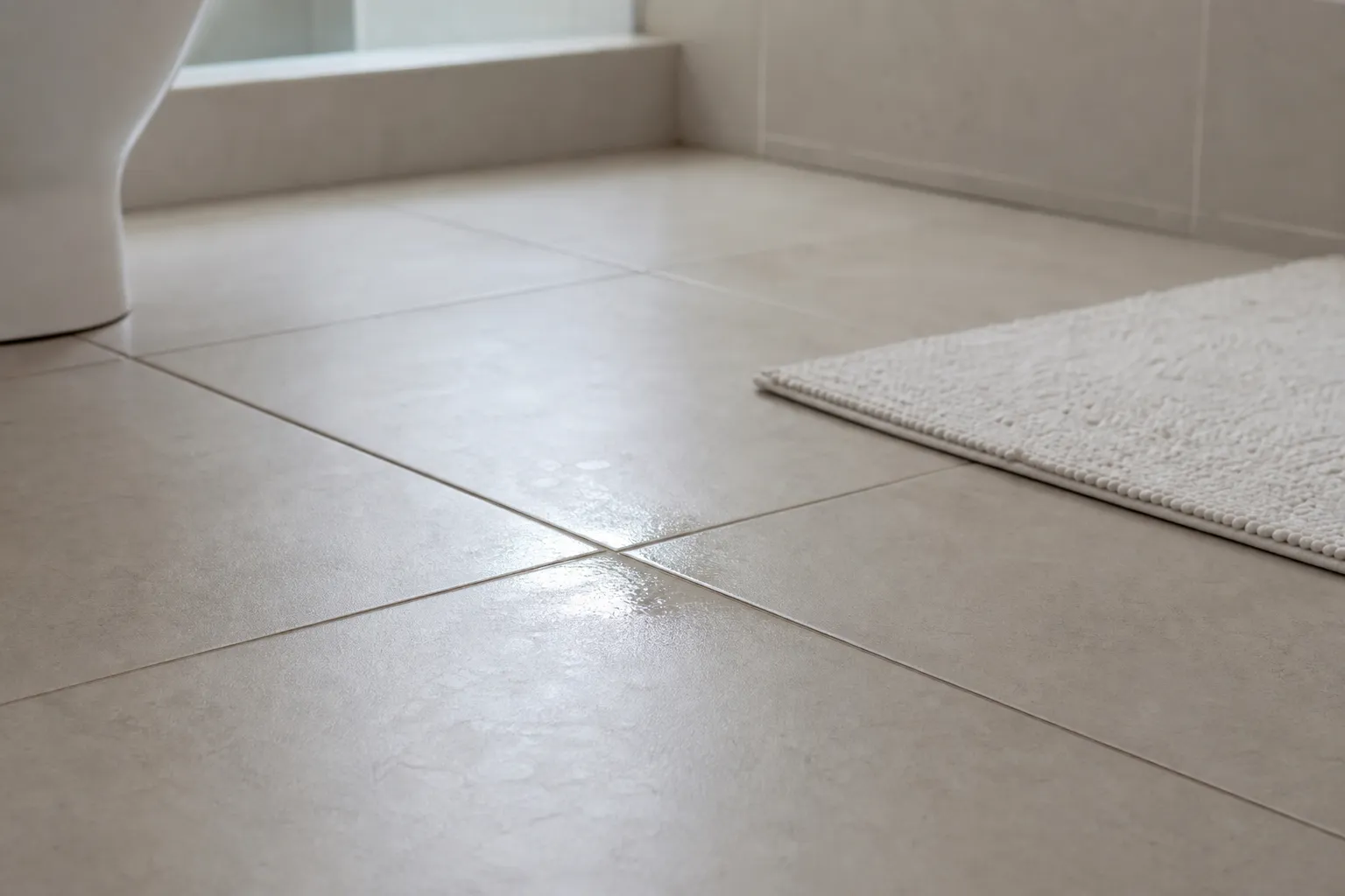 Piso cerâmico apresenta área discreta de umidade próxima ao rejunte.