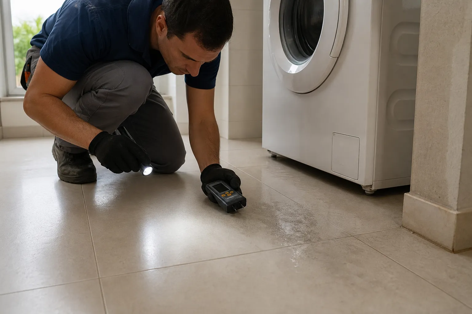 Técnico investiga piso úmido na área de serviço perto da máquina de lavar.