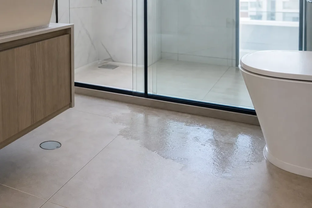 Piso úmido em banheiro residencial com sinal discreto de vazamento.