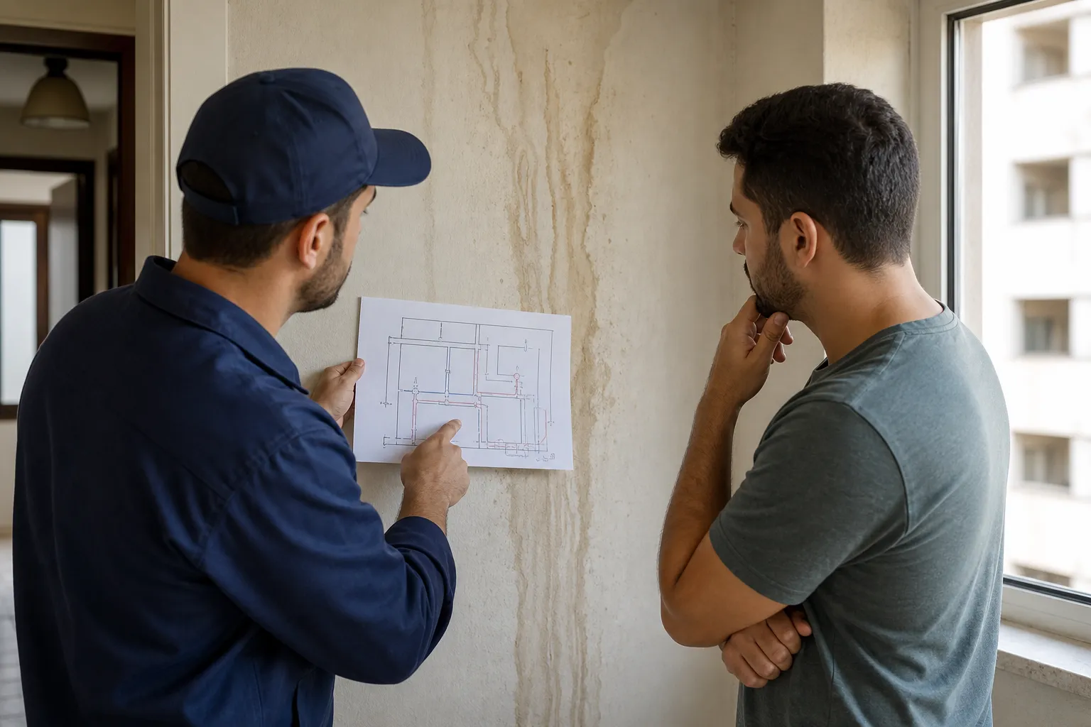 Técnico e morador analisam a origem de umidade entre apartamentos.
