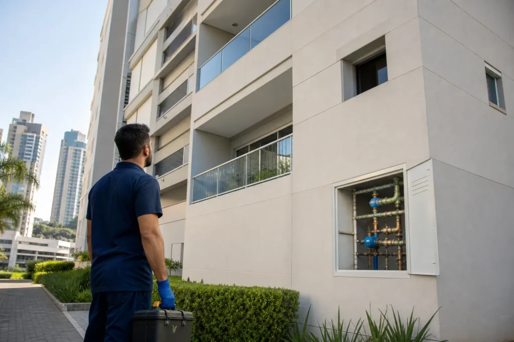 Técnico observa prédio residencial em Barueri antes de vistoria hidráulica.