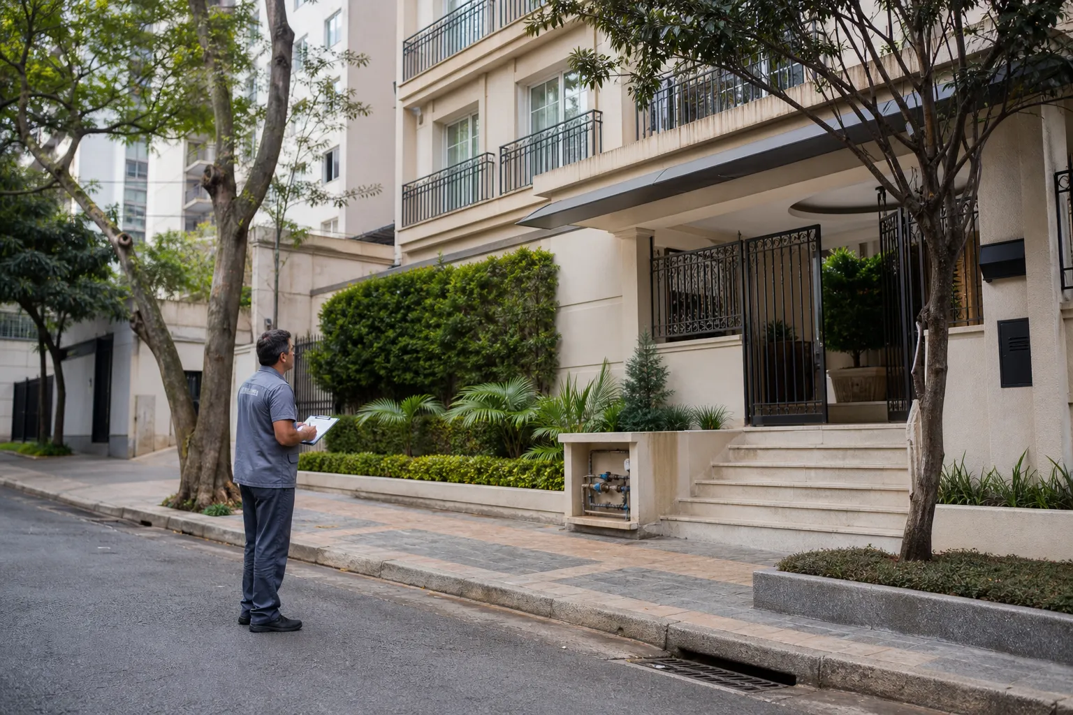 Técnico avalia prédio residencial em Bela Vista antes de localizar vazamento.