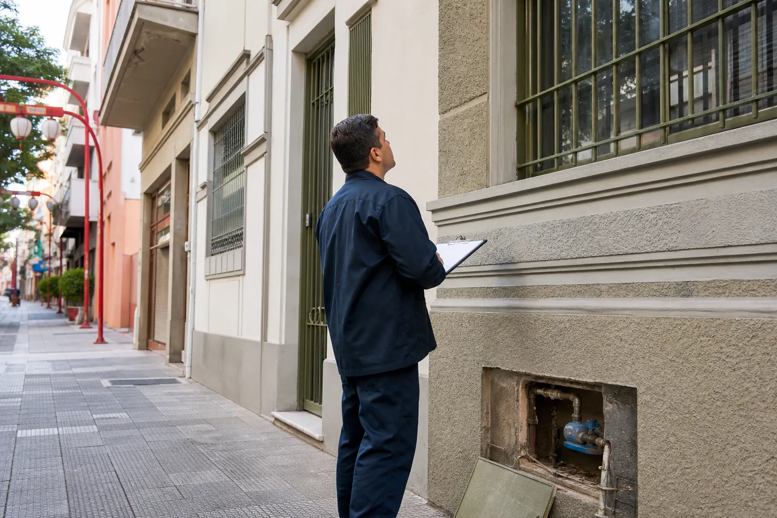 Técnico avalia prédio residencial na Liberdade antes de vistoria de vazamento.
