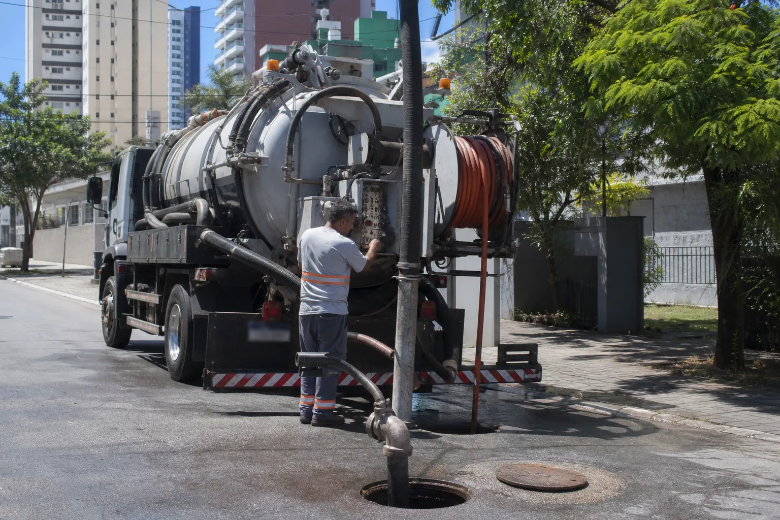 Caminhão de hidrojateamento conectado à rede de esgoto em rua de São Paulo, técnico operando equipamento.