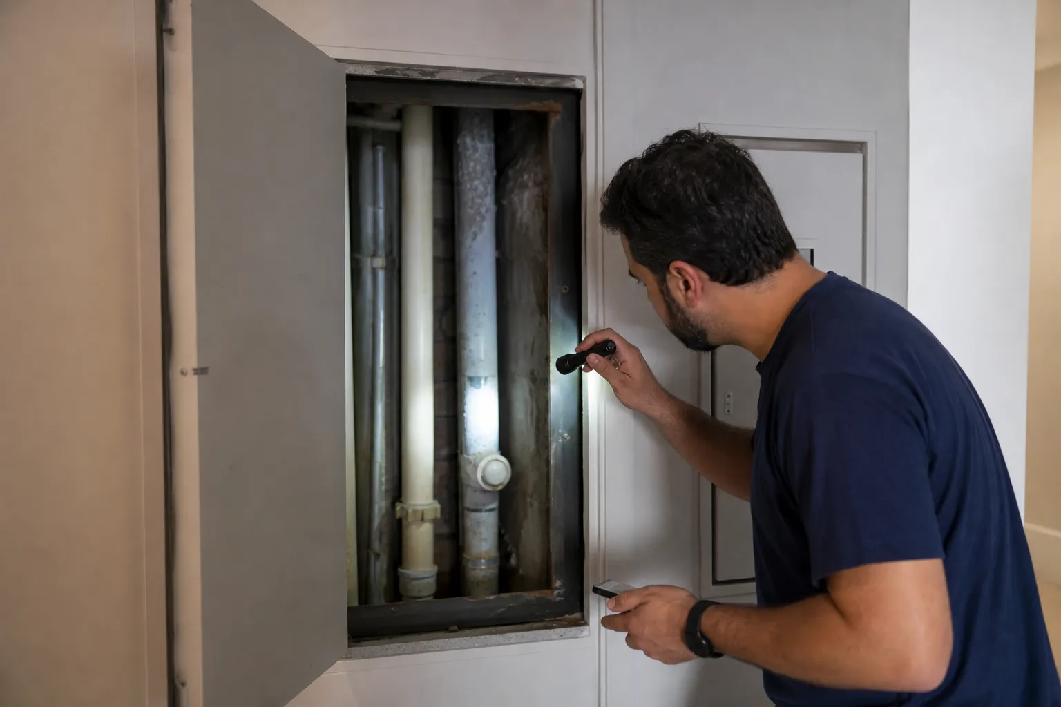 Técnico avalia prumada e shaft em condomínio de Moema para localizar vazamento oculto.