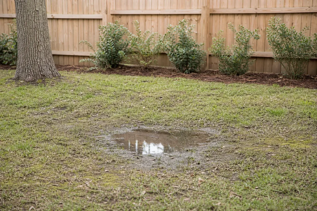 Quintal residencial apresenta pequena poça de umidade persistente no piso.
