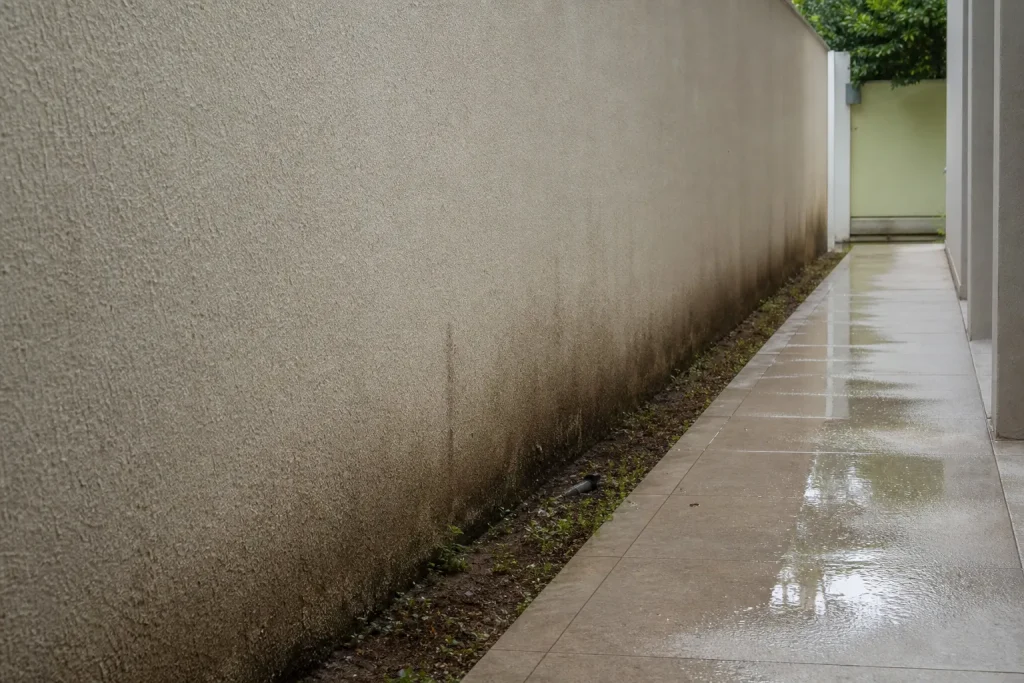 Quintal com solo úmido junto ao muro, sinal discreto de vazamento.