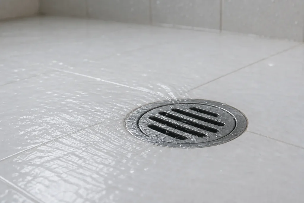Água escoa lentamente por ralo de banheiro residencial limpo.