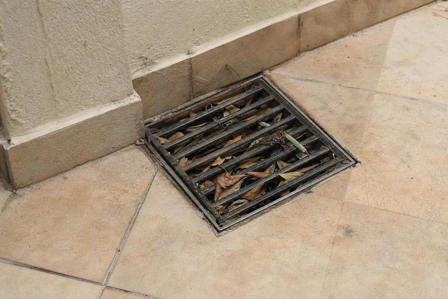 Ralo externo com acúmulo de folhas e resíduos, evidenciando uma das causas de água parada no quintal.