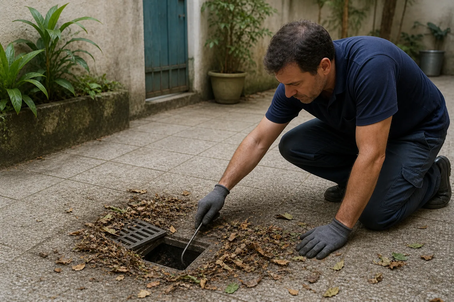 Técnico limpa ralo de quintal em casa antiga com folhas e terra ao redor.