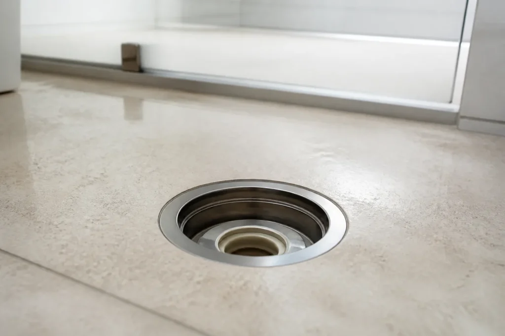 Ralo de banheiro seco em piso claro de apartamento residencial.
