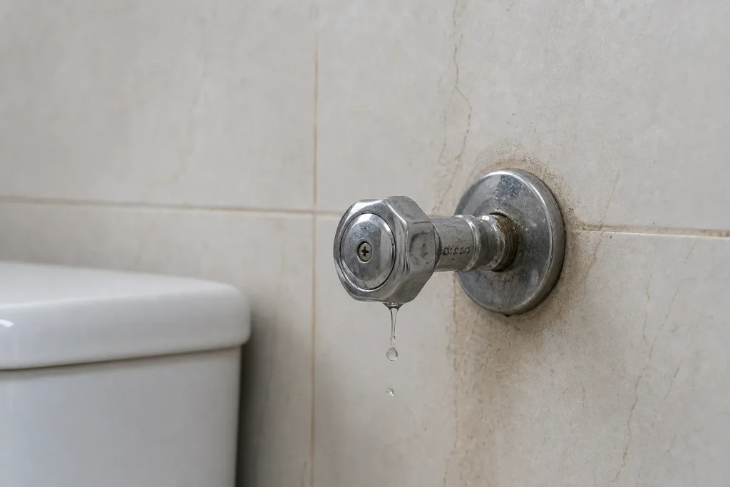 Registro metálico pingando ao lado de parede com sinais leves de umidade.