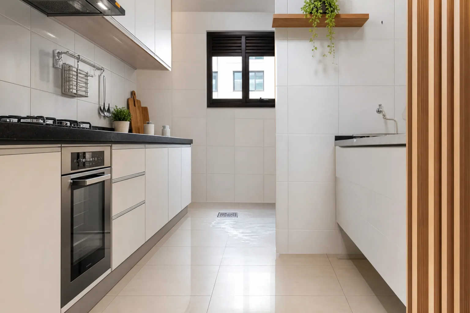 Água acumulada próxima a um ralo de cozinha indica necessidade de contenção e avaliação.