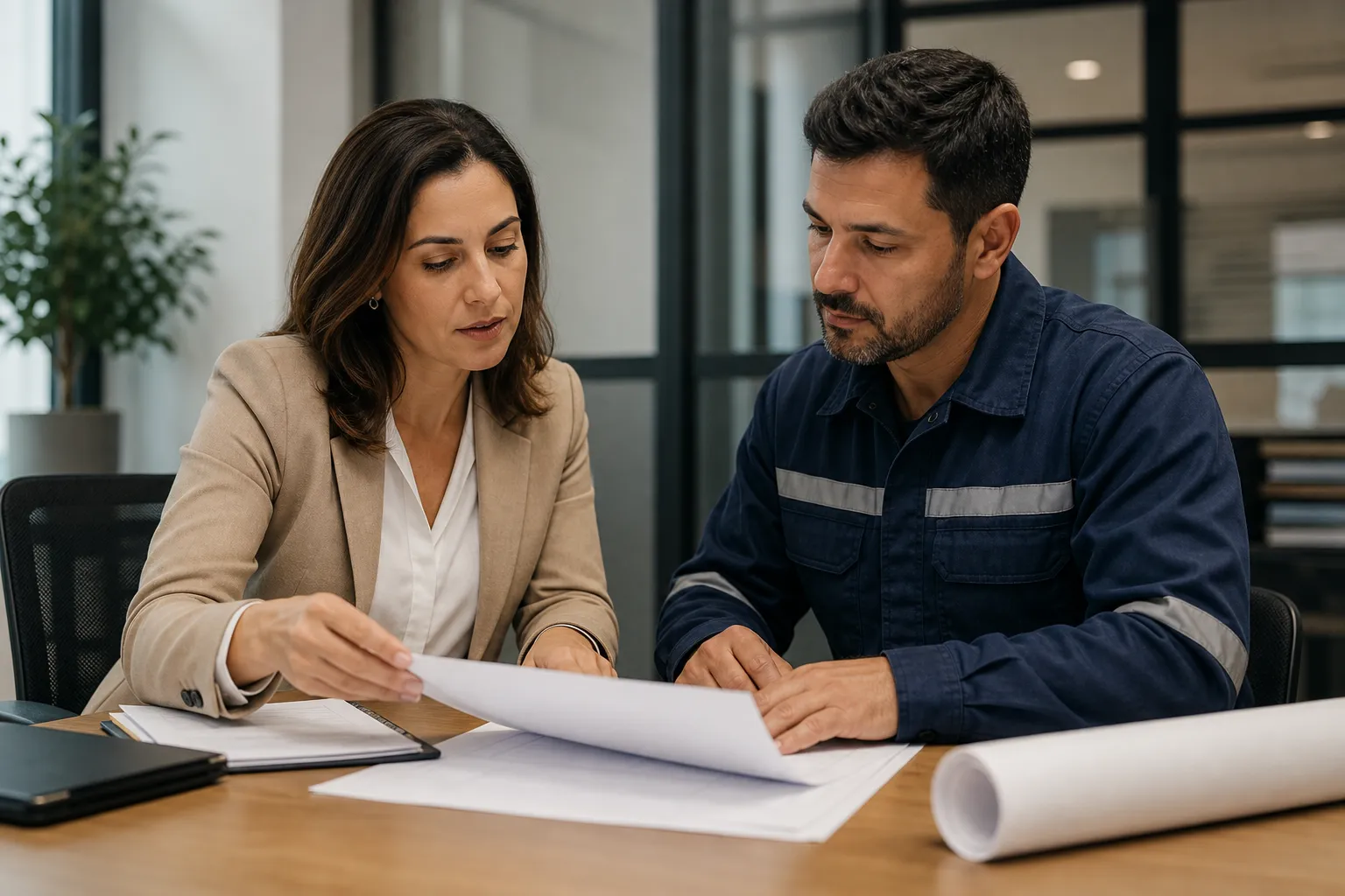 Administradora conversa com técnico sobre documentação de vistoria condominial.