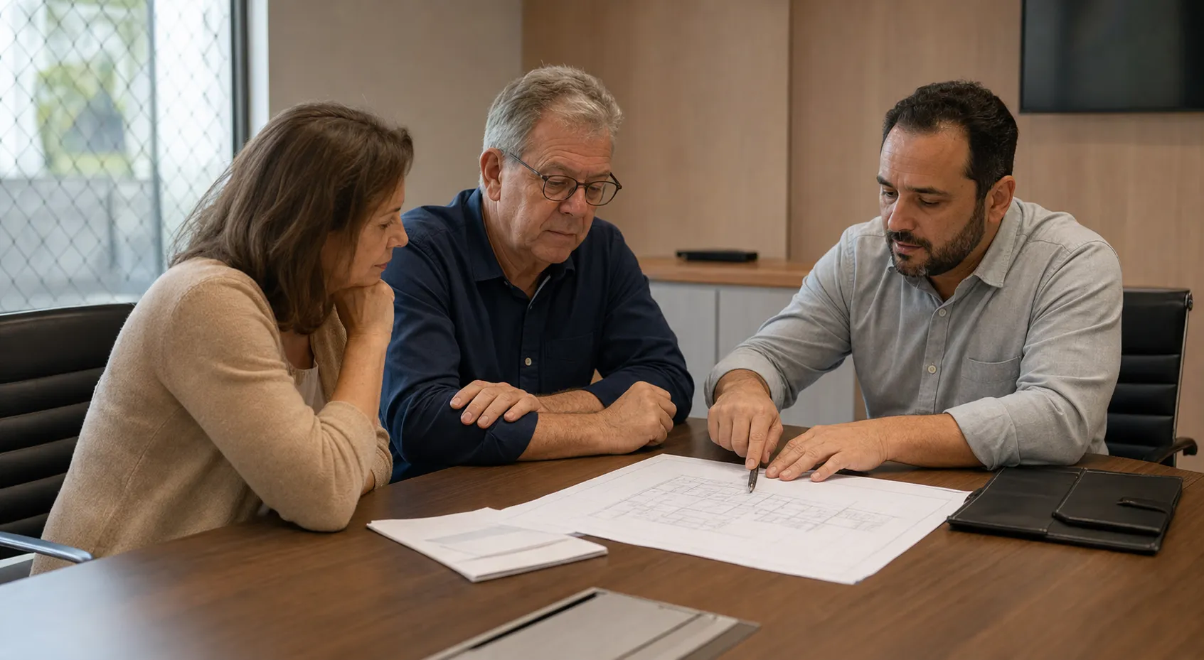 Moradora, síndico e técnico analisam laudo sobre vazamento no prédio.