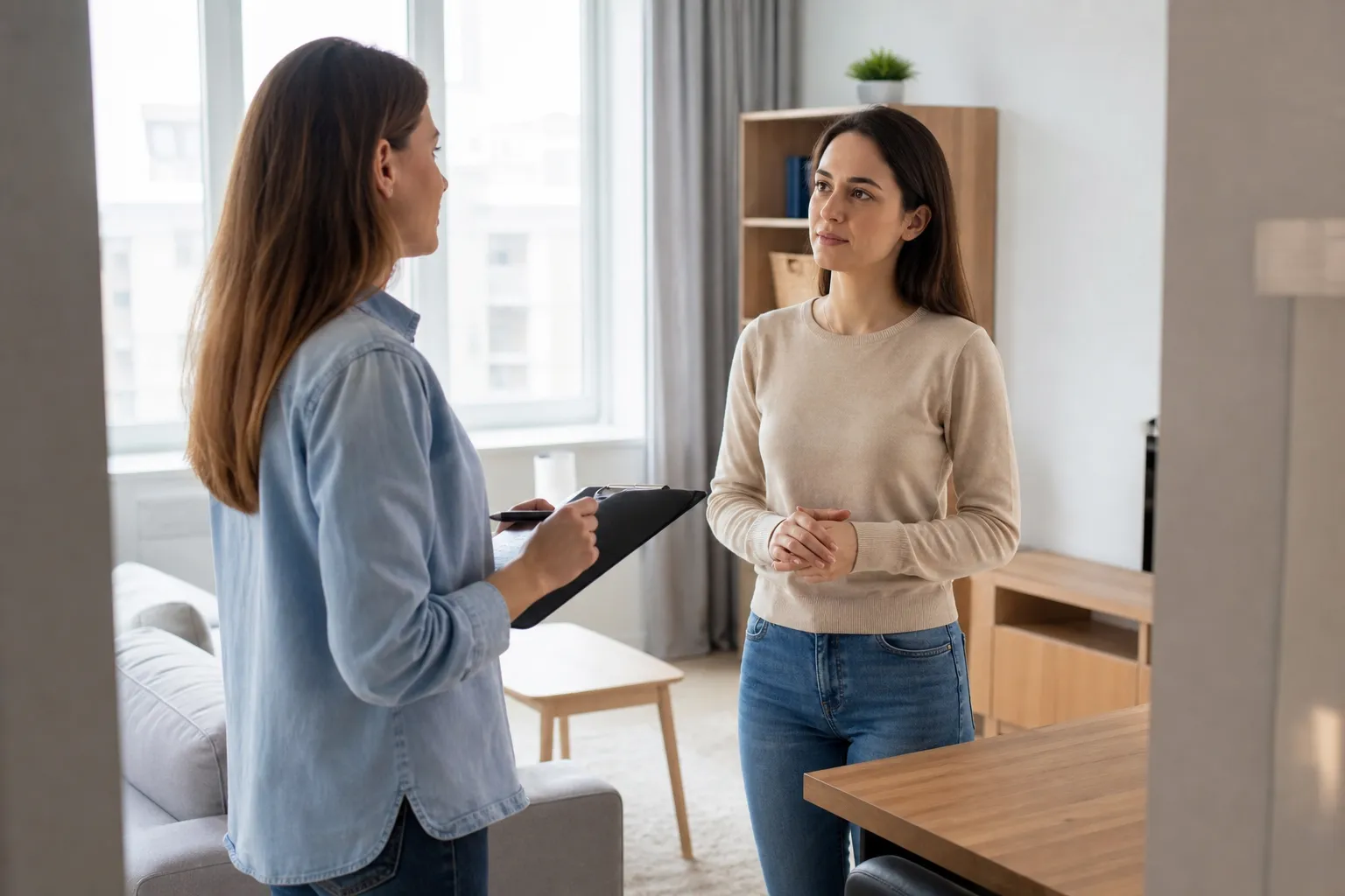 Inquilina conversa com profissional durante vistoria de imóvel alugado.