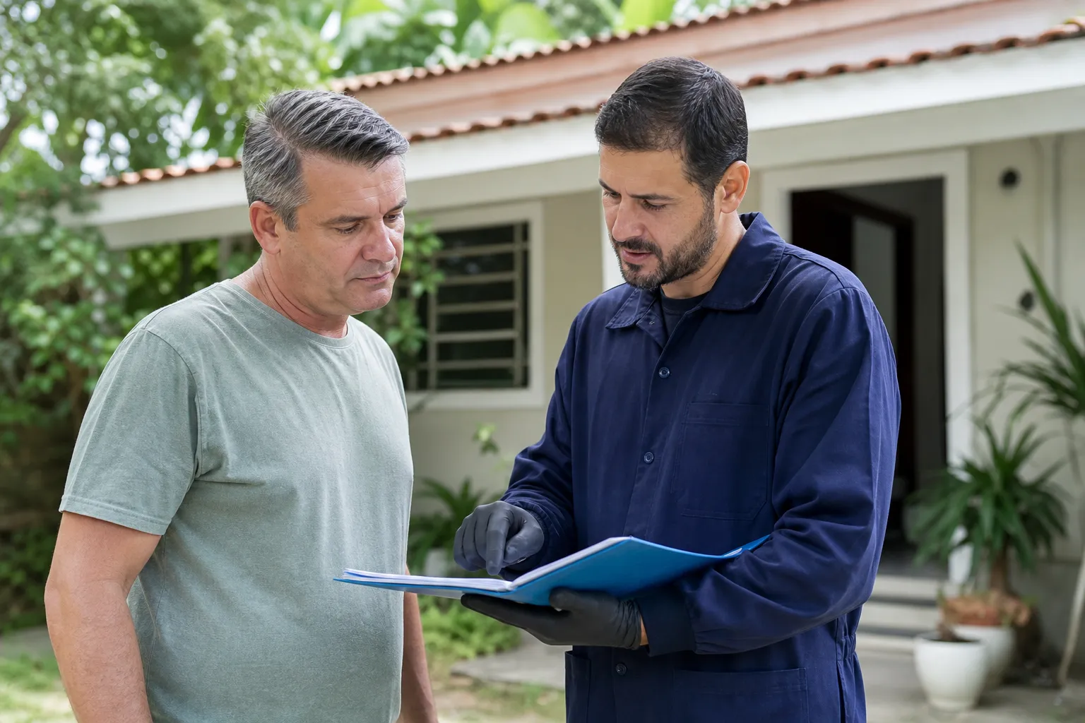 Técnico e responsável pelo imóvel discutem o diagnóstico e a solução da fossa.