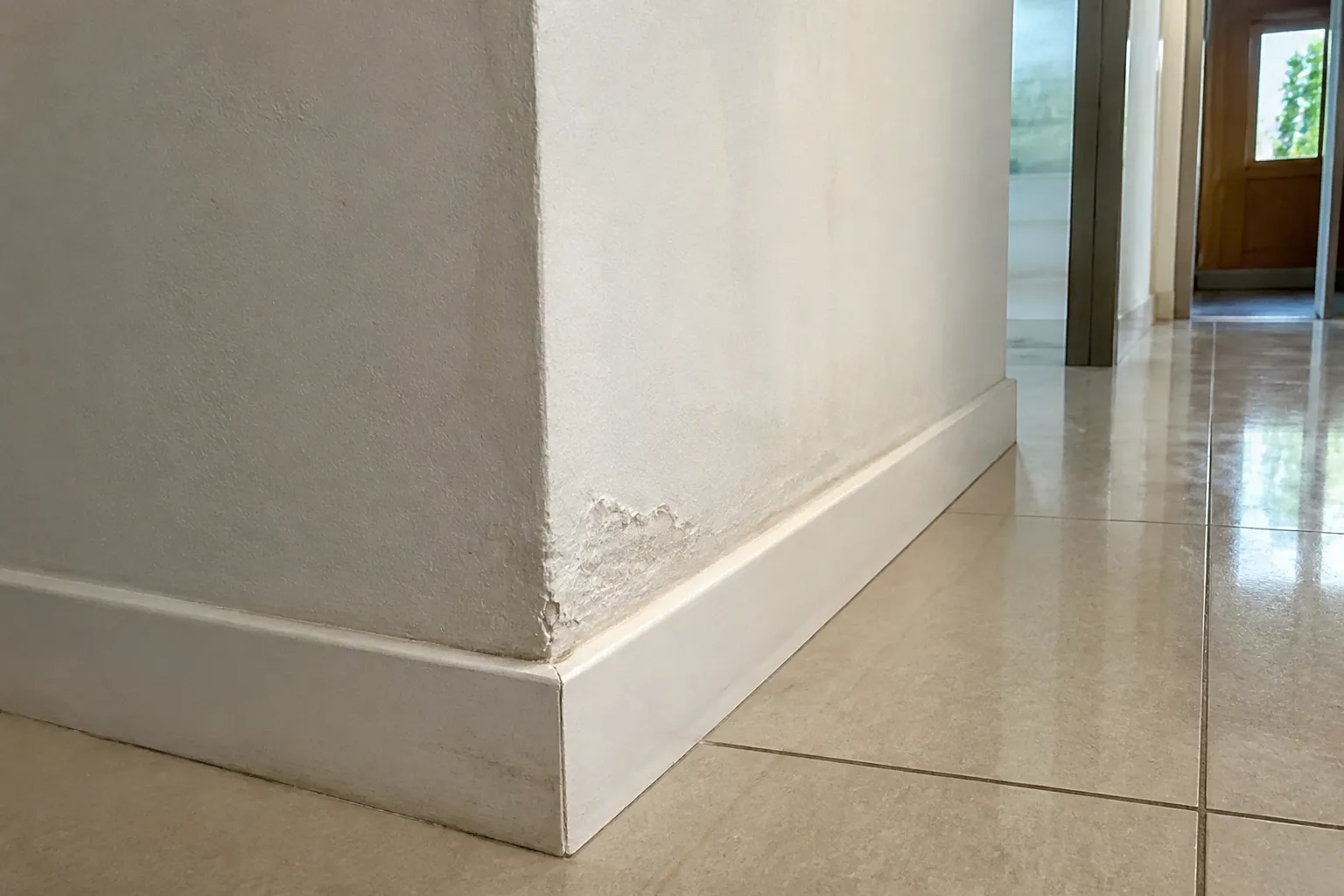 Rodapé com sinal de umidade em hall de condomínio de Moema indicando vazamento oculto.