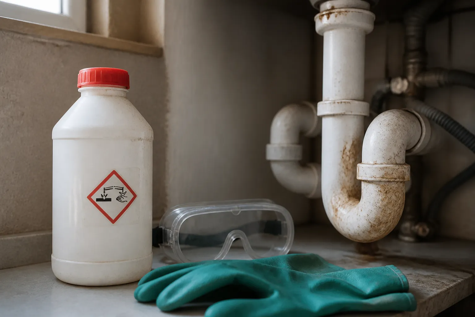 Soda cáustica ao lado de tubulação antiga com luvas de proteção reforça o cuidado necessário.
