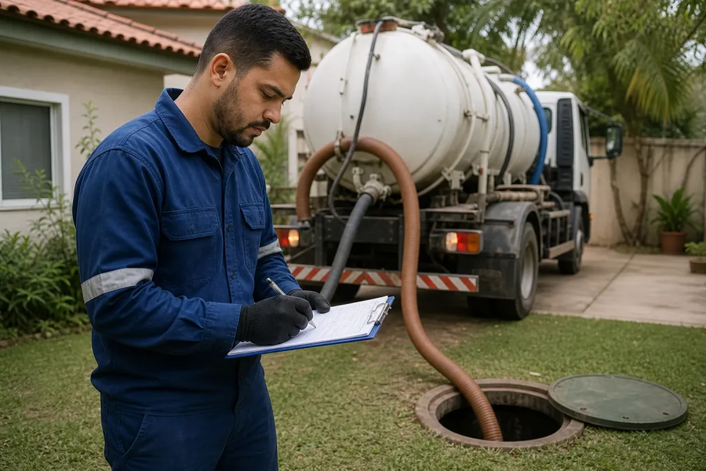 Solo úmido ao redor da tampa de fossa séptica em área externa residencial.