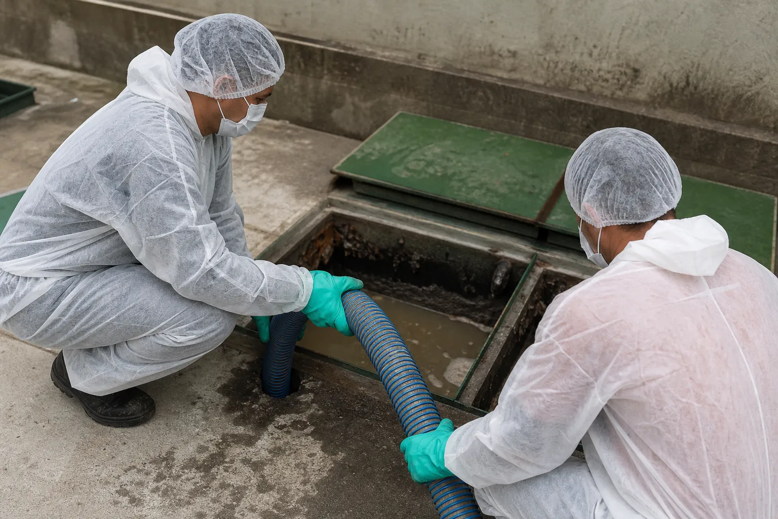 Mangueira de sucção remove resíduos de caixa de gordura industrial.
