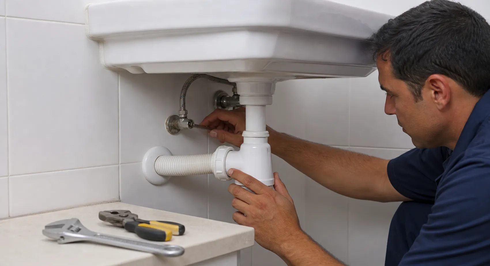 Técnico verifica sifão e torneira do tanque para prevenir vazamento.