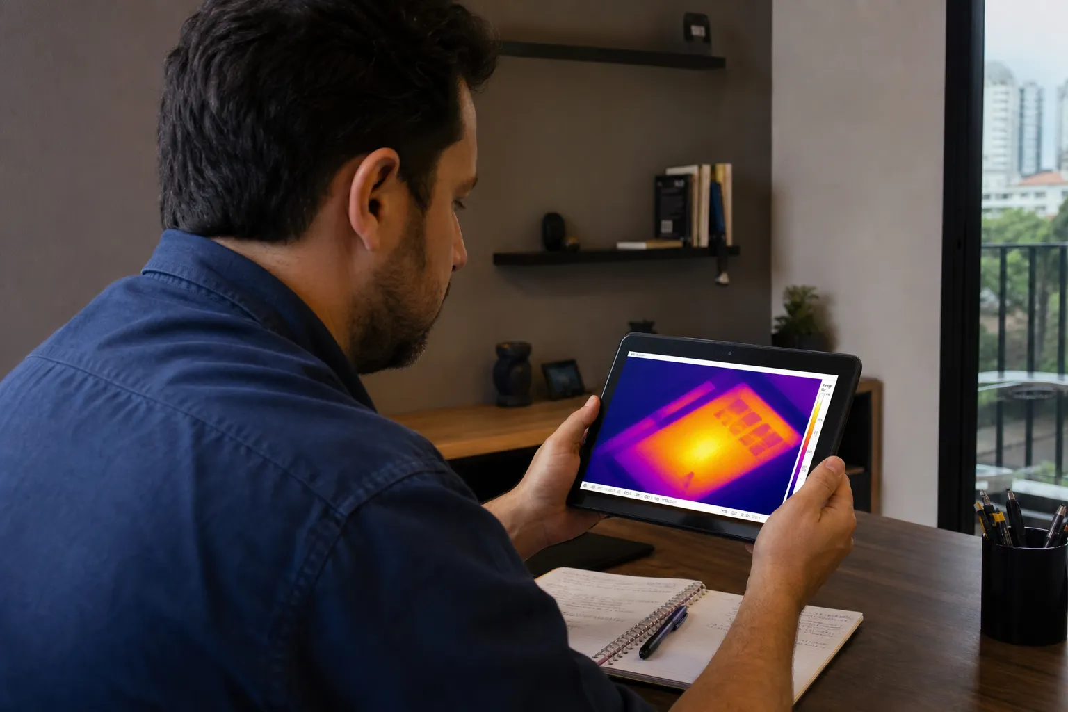 Técnico avalia termograma em tablet durante inspeção de vazamento em imóvel residencial.