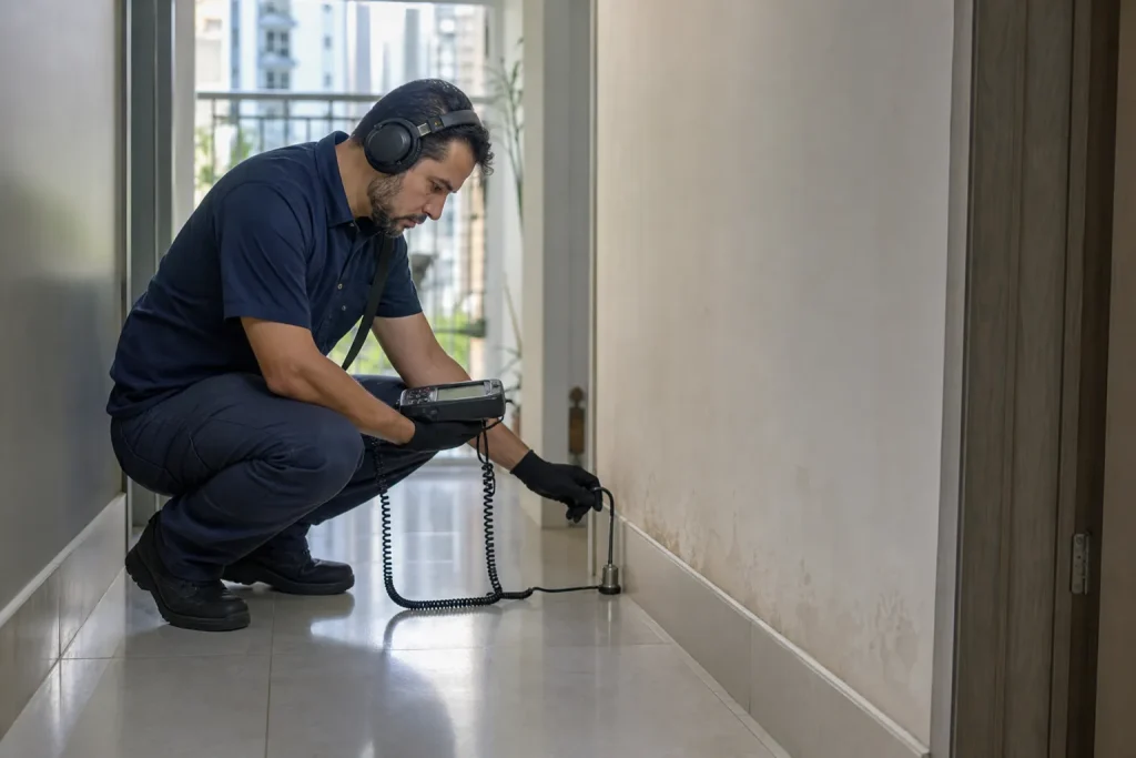 Técnico avalia vazamento em apartamento em Moema para identificar a origem do problema.