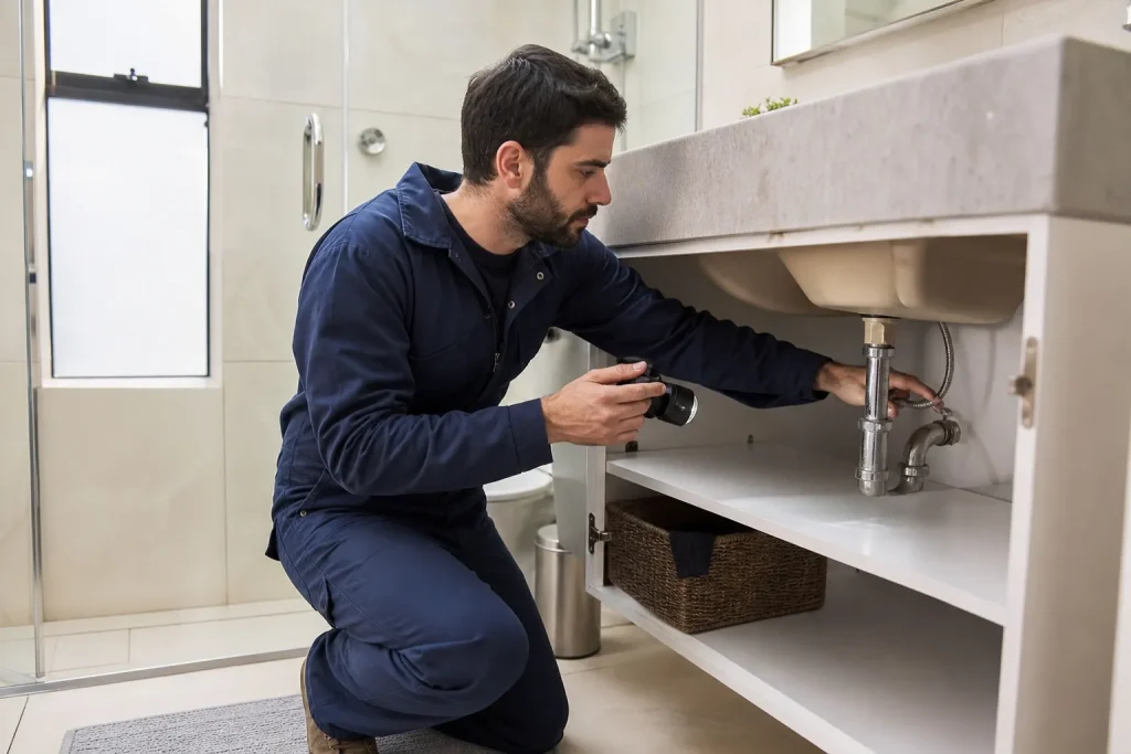 Técnico avalia vazamento em apartamento em Pinheiros para identificar a origem do problema.