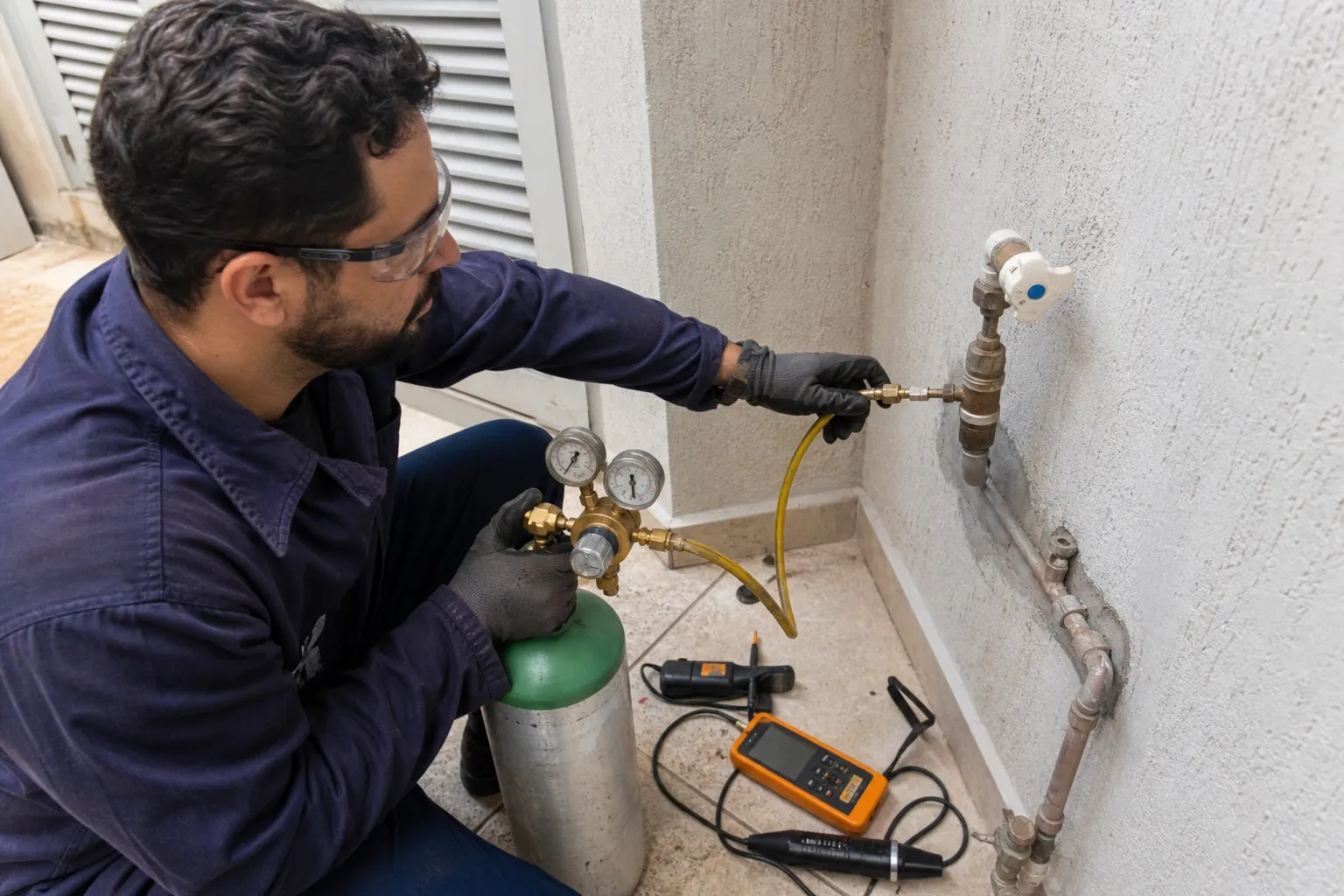 Técnico aplica gás traçador em tubulação para localizar vazamento oculto.