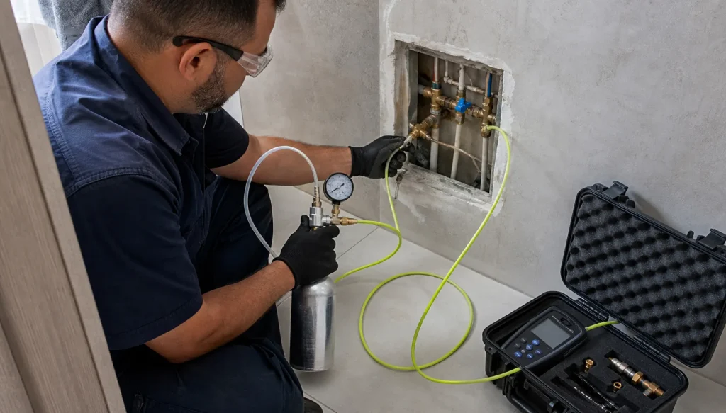 Técnico aplica gás traçador em tubulação embutida para localizar vazamento oculto.