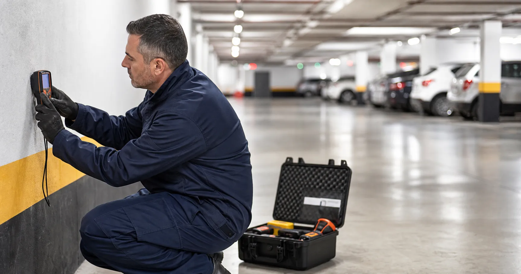 Técnico avalia sinal de umidade em garagem de condomínio organizada.