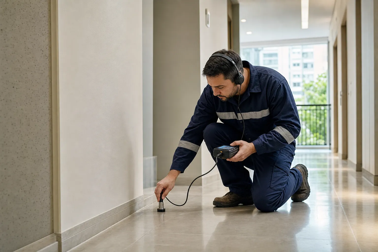 Técnico realiza caça vazamento em condomínio de Brooklin com equipamento eletrônico de detecção.
