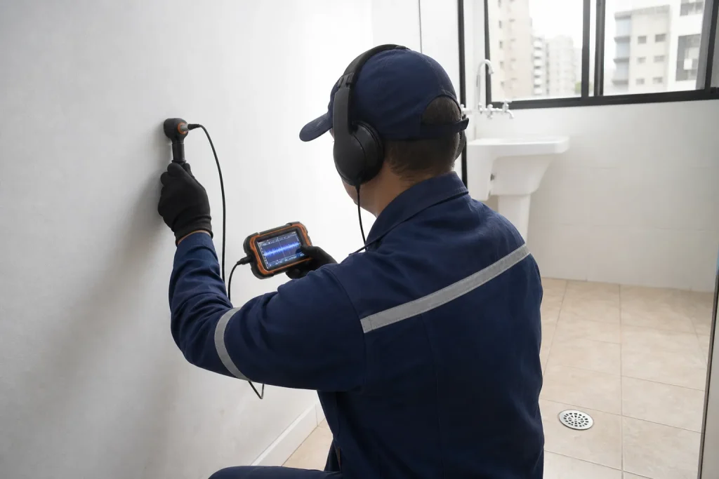 Técnico de caça vazamento usando equipamento eletrônico em apartamento de Butantã, São Paulo.