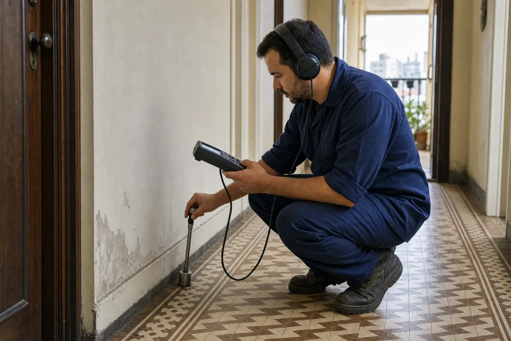 Técnico usa equipamento eletrônico em caça vazamento na Lapa, São Paulo.