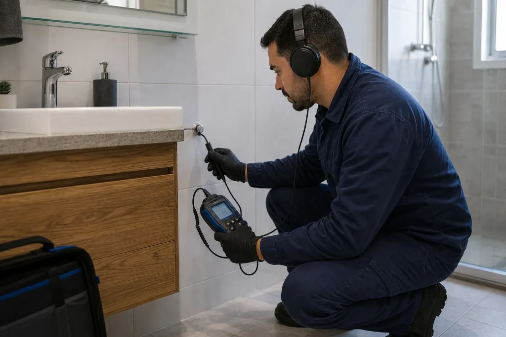 Técnico de caça vazamento usando equipamento eletrônico em banheiro residencial no Saúde, São Paulo.