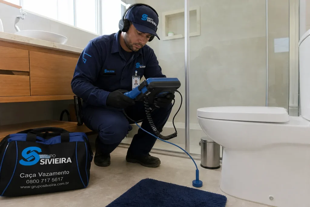 Técnico de caça vazamento usando equipamento eletrônico em banheiro residencial na Vila Mariana, São Paulo.