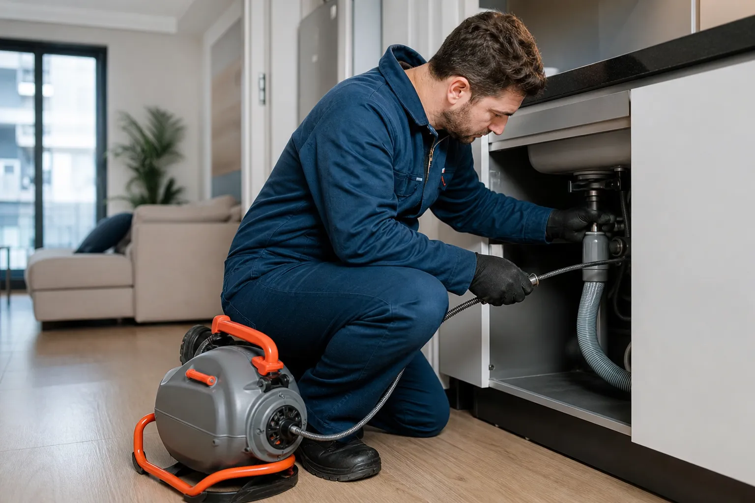 Técnico de desentupimento inspecionando tubulação em apartamento alugado em São Paulo com equipamento profissional.