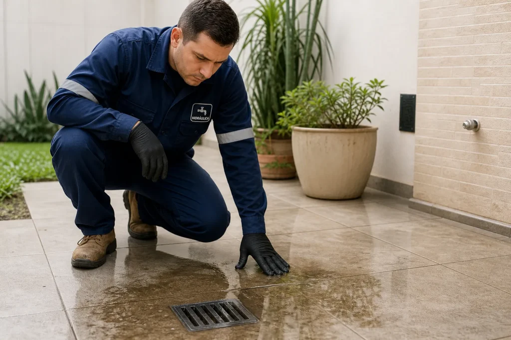Técnico avalia acúmulo de água próximo a ralo em quintal residencial, analisando possíveis causas hidráulicas.