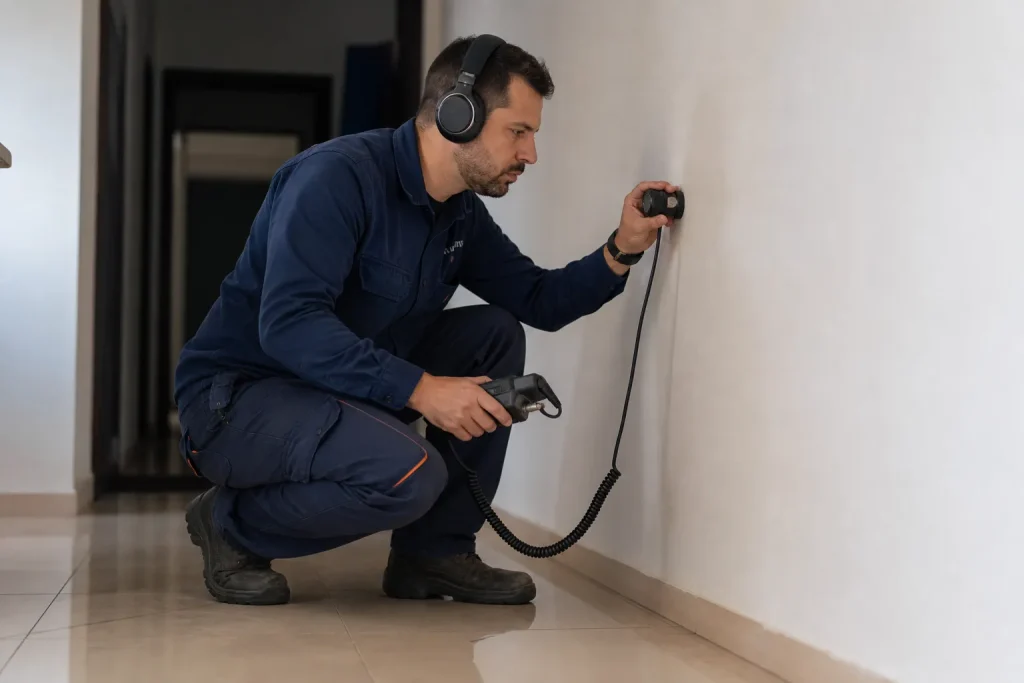 Técnico usa escuta técnica para ouvir sinais de vazamento oculto na parede.