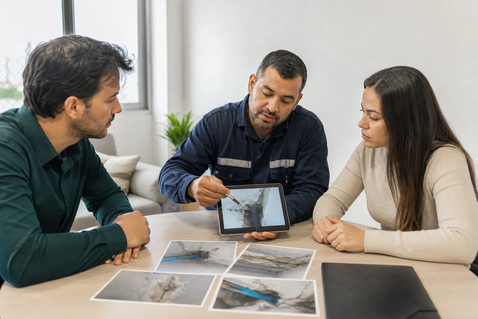 Técnico explica laudo de vazamento para proprietário e inquilino.